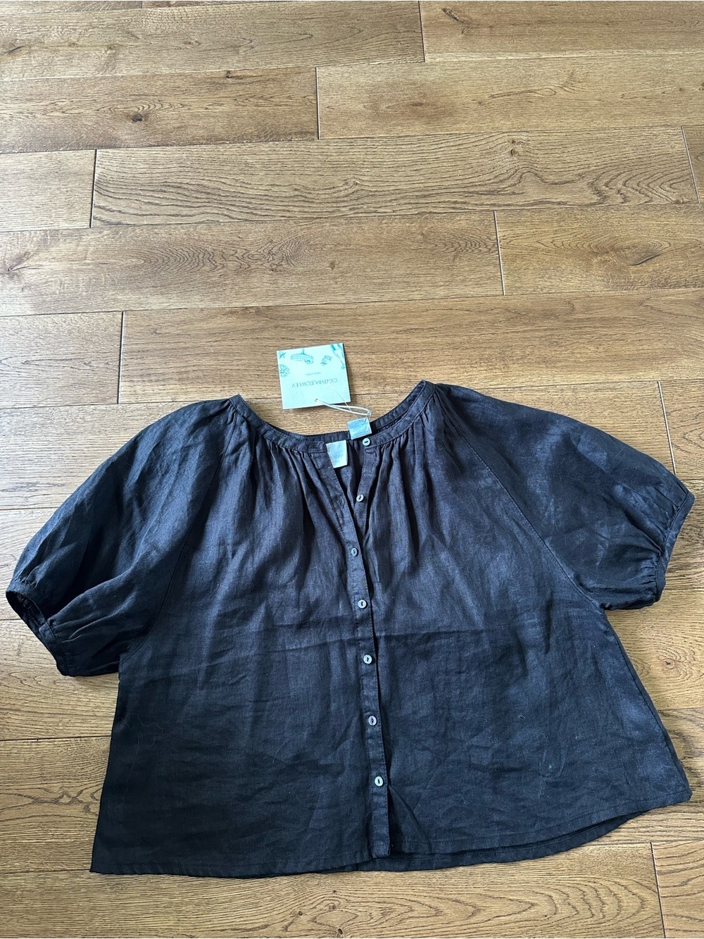 New With Tags Cynthia Rowley 100% Linen Short Sleeve Top Black XS